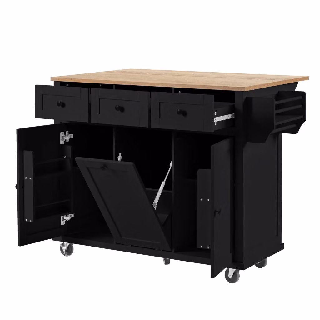 Carrello da Cucina Moderno Nero con Piano Pieghevole, Cassetti e Vano per Pattumiera, L: 112 cm, P: 46.2-76.2 cm, H: 92.7 cm – 2