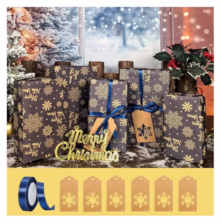 Carta da regalo natalizia con motivo a fiocchi di neve, 6 fogli con nastro e decorazioni, dimensioni 70x50 cm, carta kraft riciclata da 80 g/m²