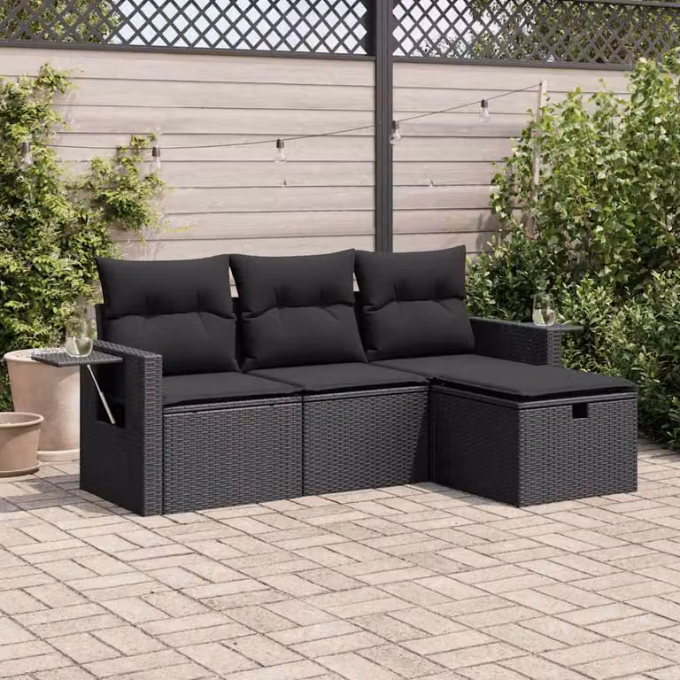 Set di divani da giardino vidaXL a forma di L composto da 4 pezzi in polyrattan nero con cuscini inclusi