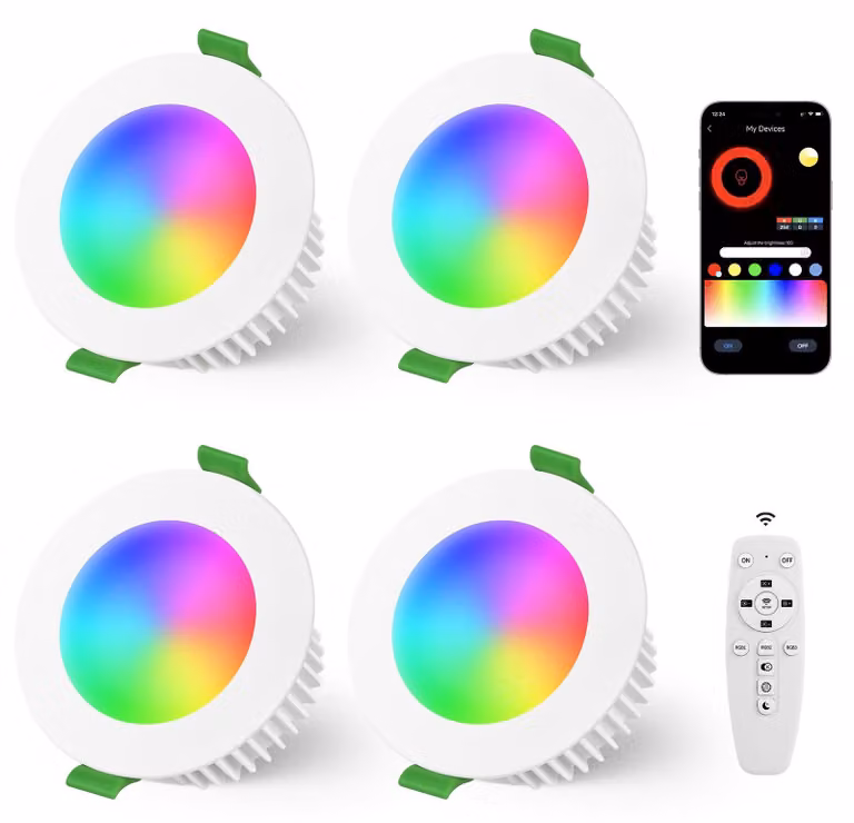 Faretti LED da incasso RGB, con controllo tramite app e telecomando, dimmerabili, confezione da 4, colore bianco