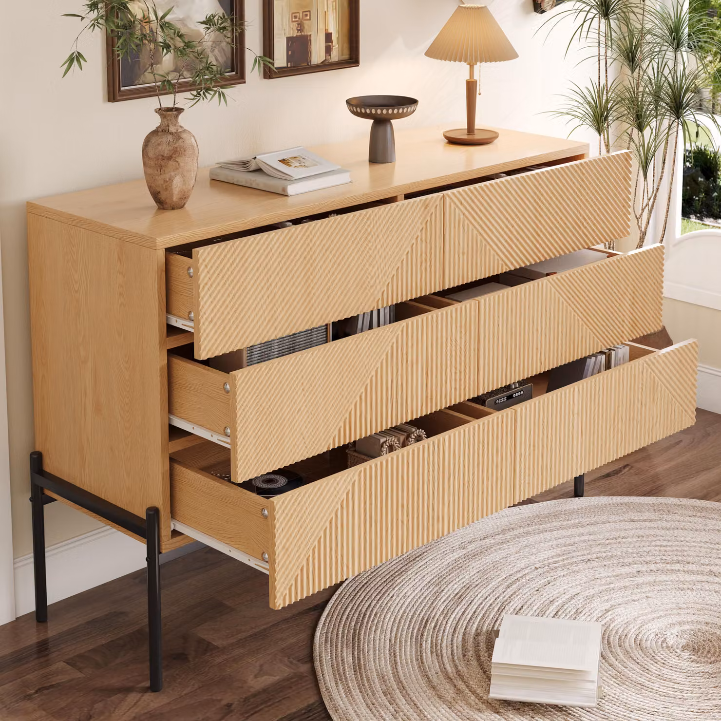 MODFU: Comodino, mobile contenitore. Struttura tridimensionale. Sei cassetti. Ampia superficie di appoggio. Materiali naturali