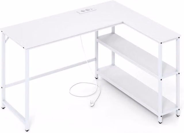Scrivania Angolare a L con Stazione di Ricarica USB e Prese, Tavolo Gaming Porta PC in Metallo con Ripiani per Studio e Ufficio