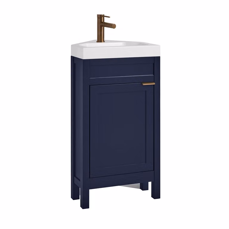 Mobile Bagno Angolare Blu Marino da 450mm con Lavabo e Maniglia Moderna con Impugnatura a Dito in Rame Satinato - Warwick