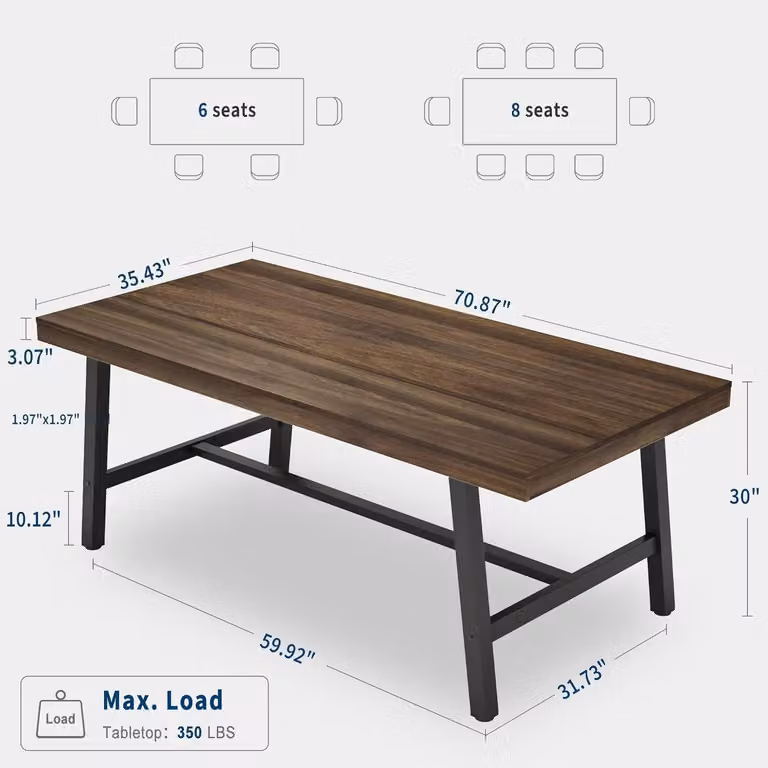 Tavolo da pranzo per 6-8 persone - Tavolo rettangolare per la cucina - Lunghezza 180 cm - Design moderno in stile industriale - Struttura in legno - Colore marrone