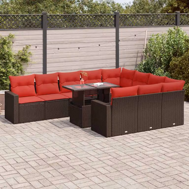 Set Divani da Giardino vidaXL 11 Pezzi in Polyrattan con Cuscini e Tavolino da Caffè Marrone