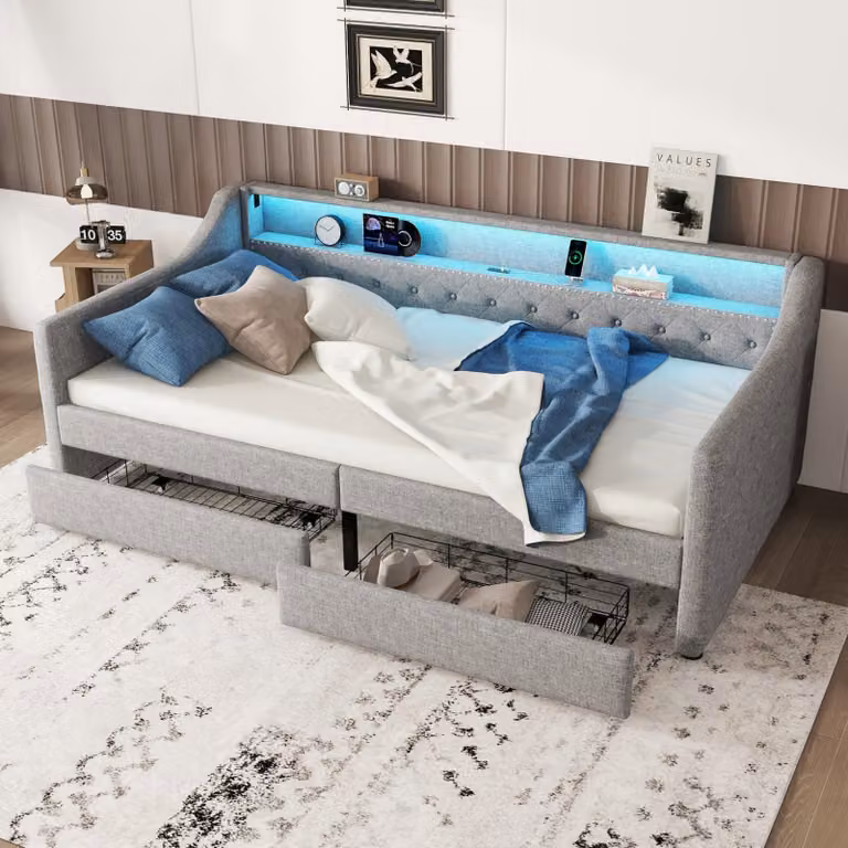 Divano letto Abrihome Letto imbottito 90 x 200 cm con rete a doghe e 2 cassetti, illuminazione ambientale a LED e USB, grigio (senza materasso)