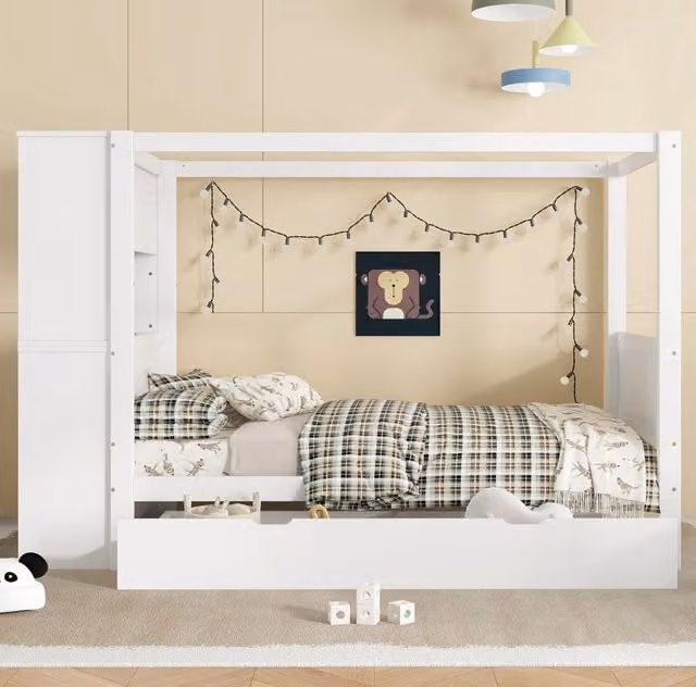 Letto singolo a baldacchino ULEVR 90x200 cm con sponde, mobile laterale a 5 cassetti e cassetto su ruote, bianco