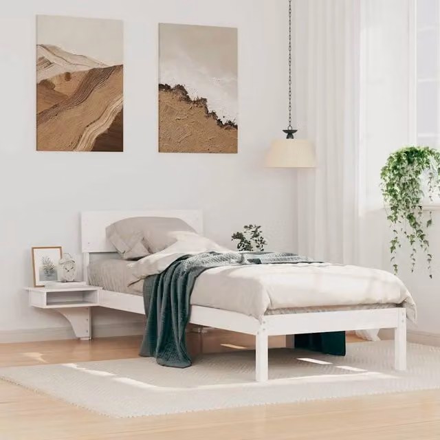 Struttura letto con giroletto e rete in pino massello bianco L/P/H: 140 x 200 x 73 cm