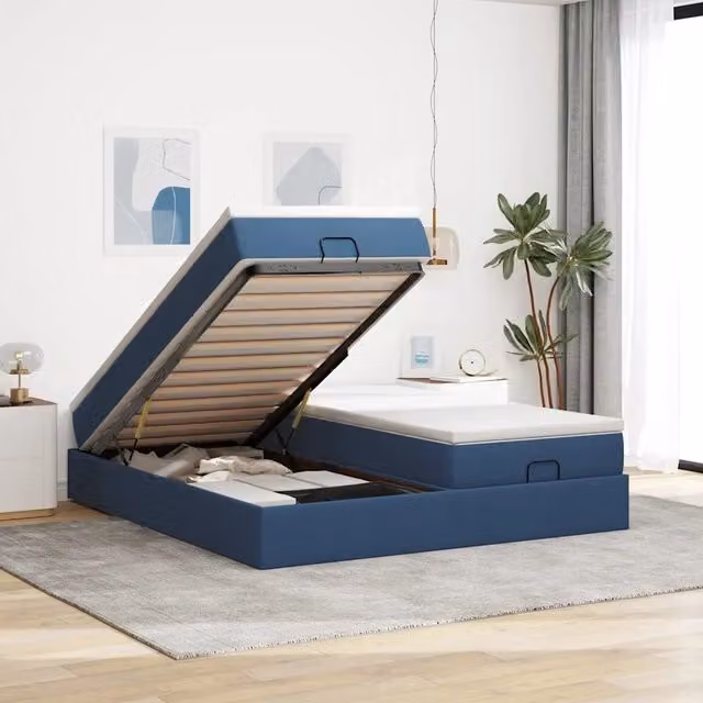 Struttura Letto Pouf con Materassi Blu 160x200 cm in Tessuto 3311240