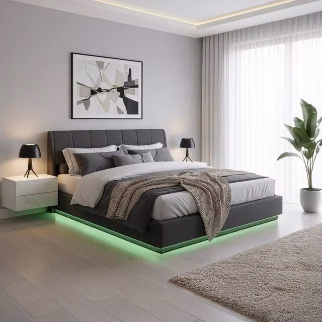 Letto Matrimoniale King Size Contenitore Tröstiar con Apertura a Ribalta e Luce LED 180x200 cm - Effetto Lino Nero [en.casa]