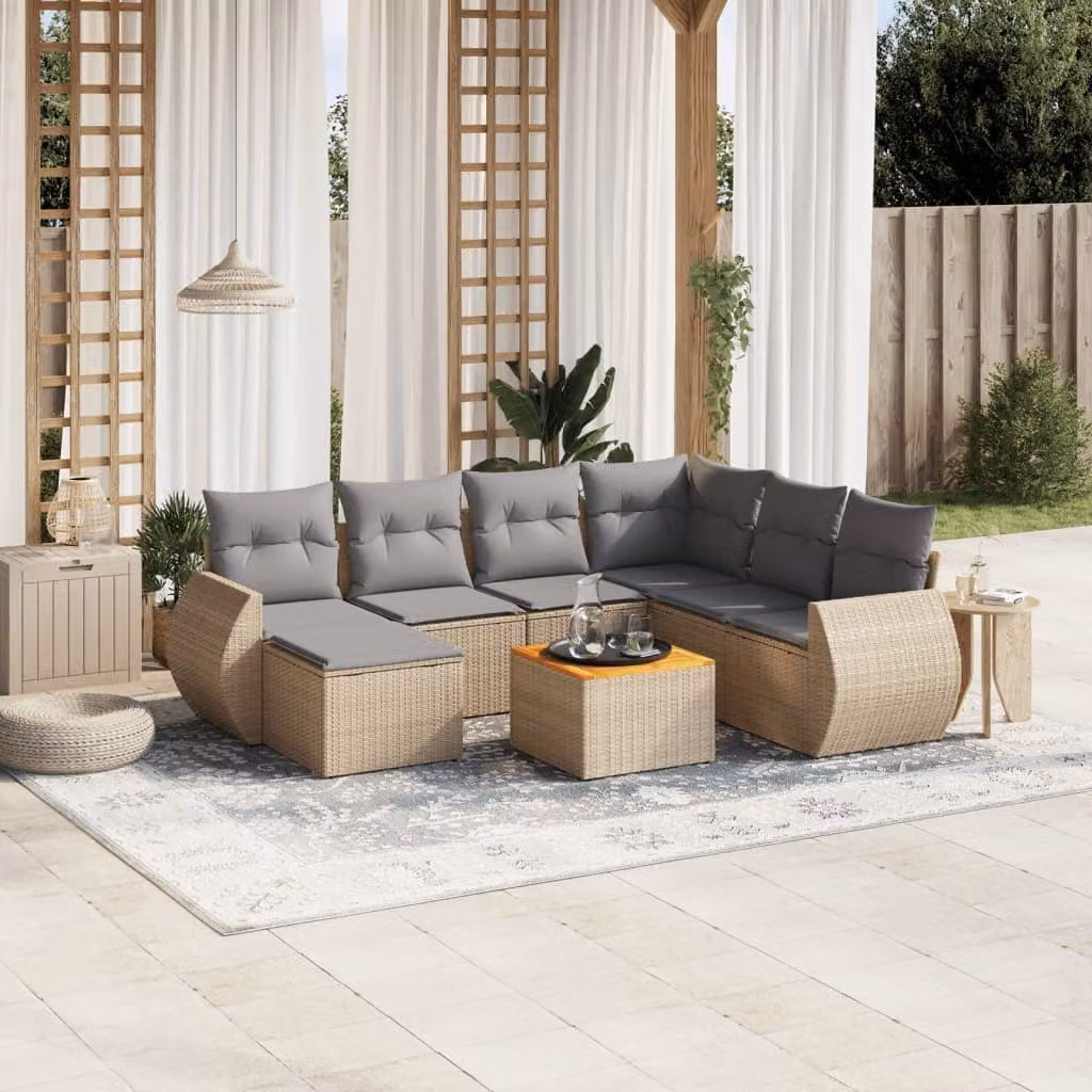 vidaXL Set Divano da Giardino a L in Polyrattan 8 pz con Cuscini Beige e Grigio – 1