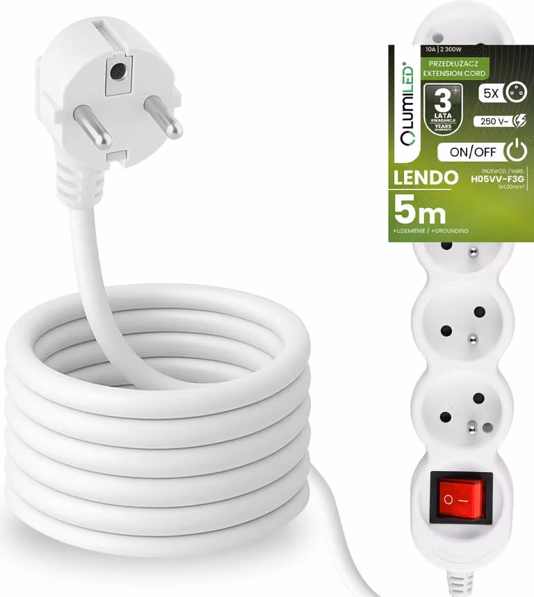 Presa multipla LUMILED con interruttore ON/OFFPresa a 5 vie tipo E, cavo da 5 m H05VV-F3G, bianco, presa multipla E 10A 2300W 250V IP20 Staffa per essere appesa
