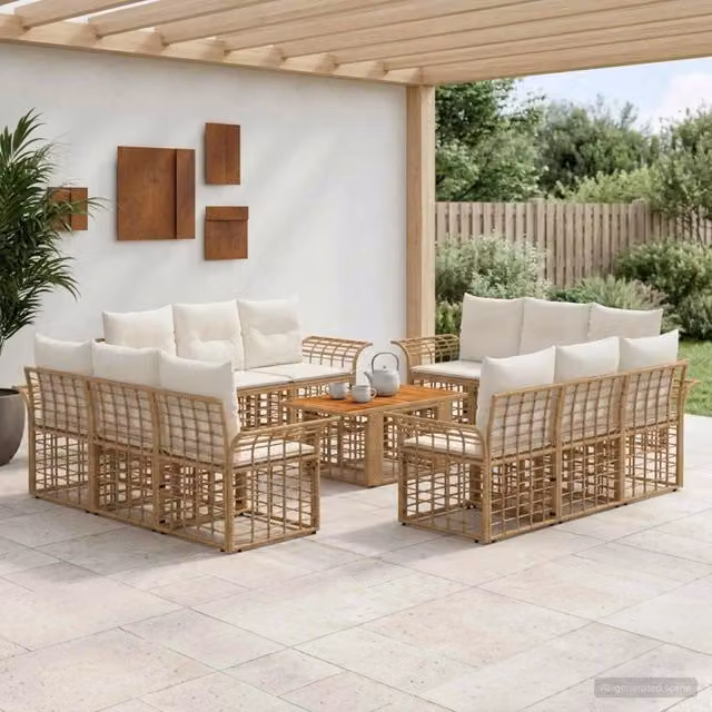 Set Divano da Giardino a Forma di U vidaXL in Polyrattan con Tavolino e Cuscini, Colore Bianco e Beige – 1