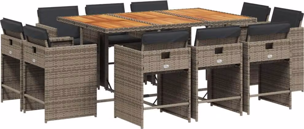 Set da Pranzo da Giardino 11pz con Cuscini in Polyrattan Grigio