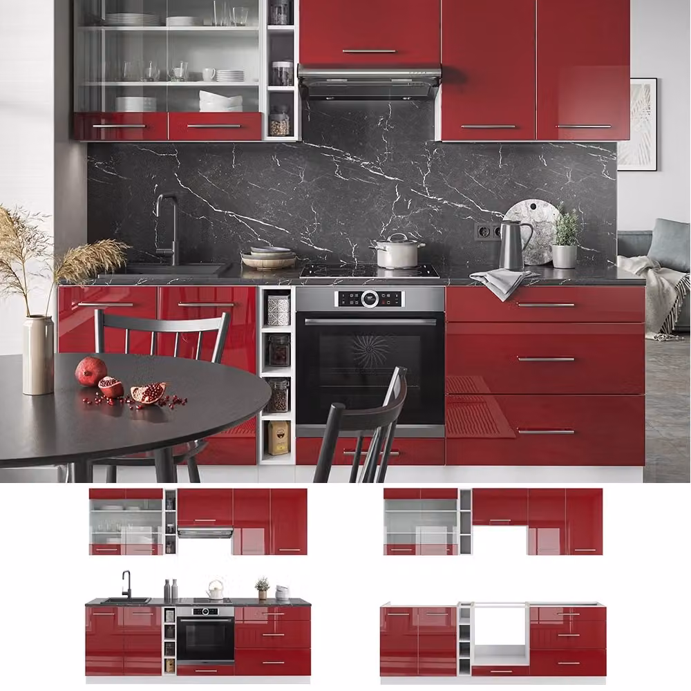 Cucina componibile moderna Fame-Line Vicco Bordeaux lucido e Bianco, L: 235 cm – 2
