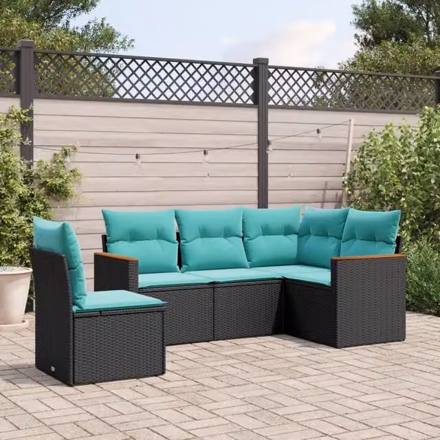 Set Divani da Giardino 5 pz con Cuscini Nero in Polyrattan 3225973