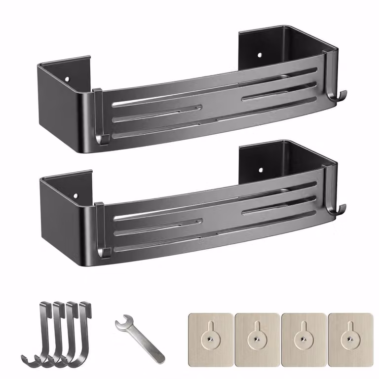 Mensola adesiva per doccia, 2 pezzi, 32,5 cm, organizer da bagno in alluminio, senza foratura, montaggio a parete, con 4 ganci, colore grigio gunmetal