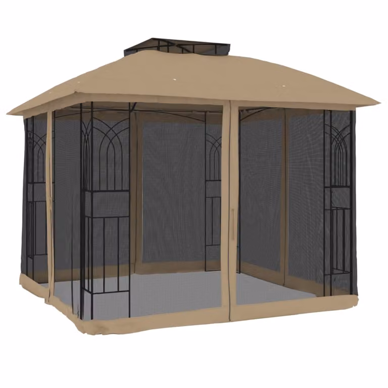Gazebo con Tetto Doppio/Pareti Rete Tortora 2,94x2,94 m Acciaio