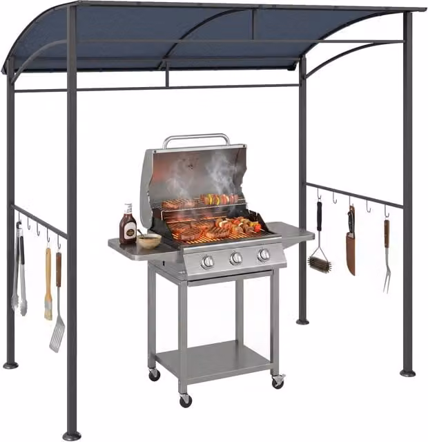 Gazebo per barbecue da giardino con ganci per utensili, struttura in acciaio grigio resistente, 215 x 150 x 174/220 cm