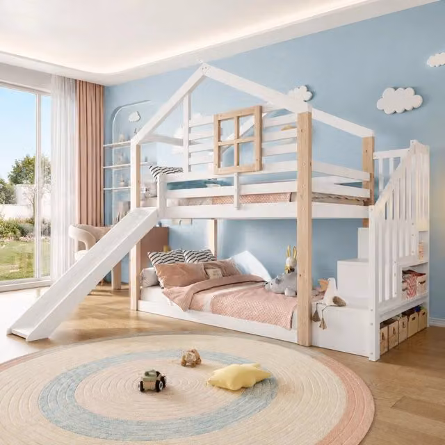 Letto a castello a casetta con scivolo e scala con vani contenitore 90x200 cm in legno; bianco