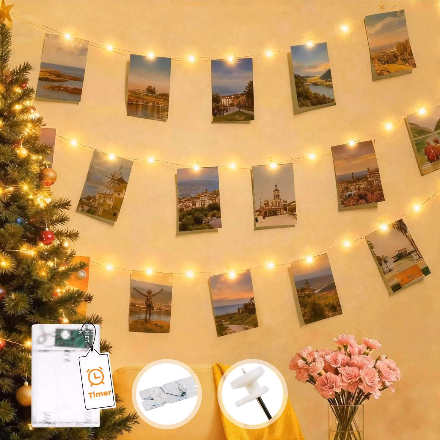 Catena luminosa a LED, 5 metri, 50 LED bianco caldo, 30 clip, timer, alimentazione a batteria