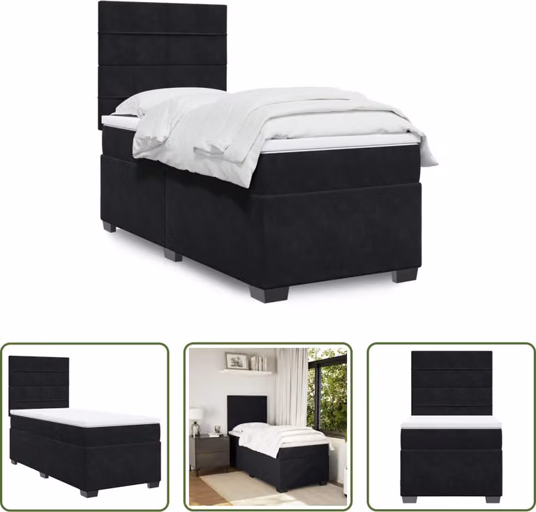 The Living Store Letto a molle con materasso nero 100x200 cm in velluto