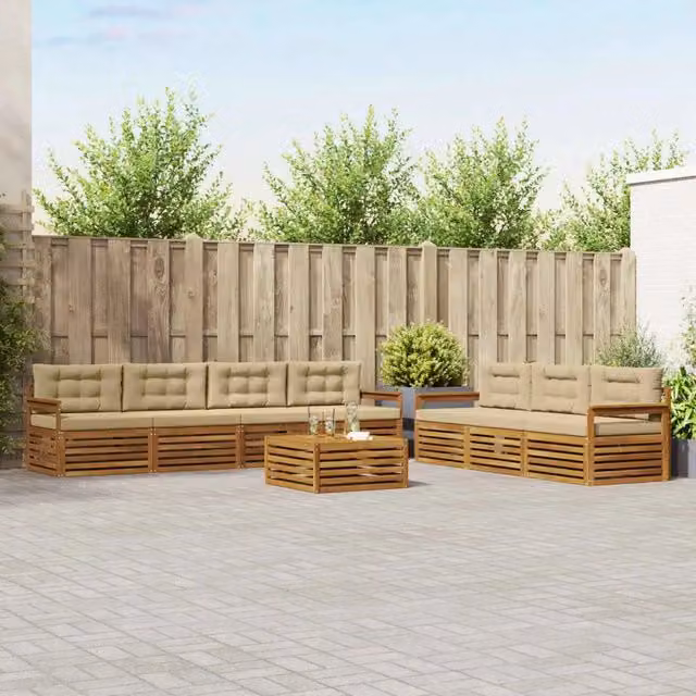 Set di mobili da giardino vidaXL composto da 8 pezzi con divano a 3 posti a forma di L, tavolino da caffè e cuscini in tessuto beige e sabbia con struttura in legno di acacia trattato