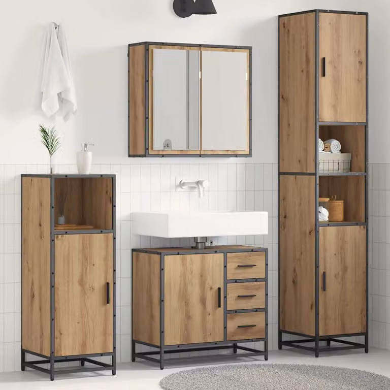 Set di mobili per il bagno moderno vidaXL in 3 pezzi color rovere con armadietto a specchio, mobile lavabo e colonna alta, materiale legno e metallo
