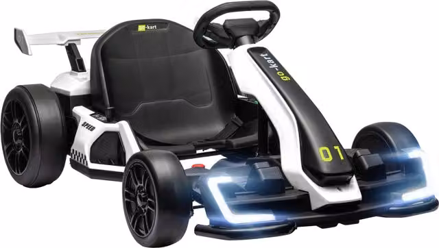 Go Kart Elettrico HOMCOM per Bambini 6-12 Anni 24V con Seggiolino Regolabile su 3 Livelli, Clacson e Musica, Bianco