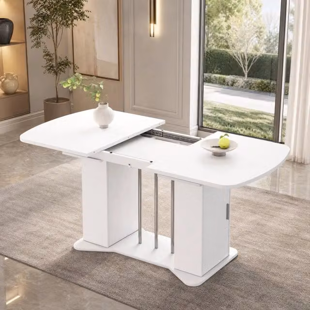 Tavolo da Pranzo Estendibile 120-160x80 cm con Gambe in Metallo Argento e Spazio di Conservazione, Stile Moderno, Bianco