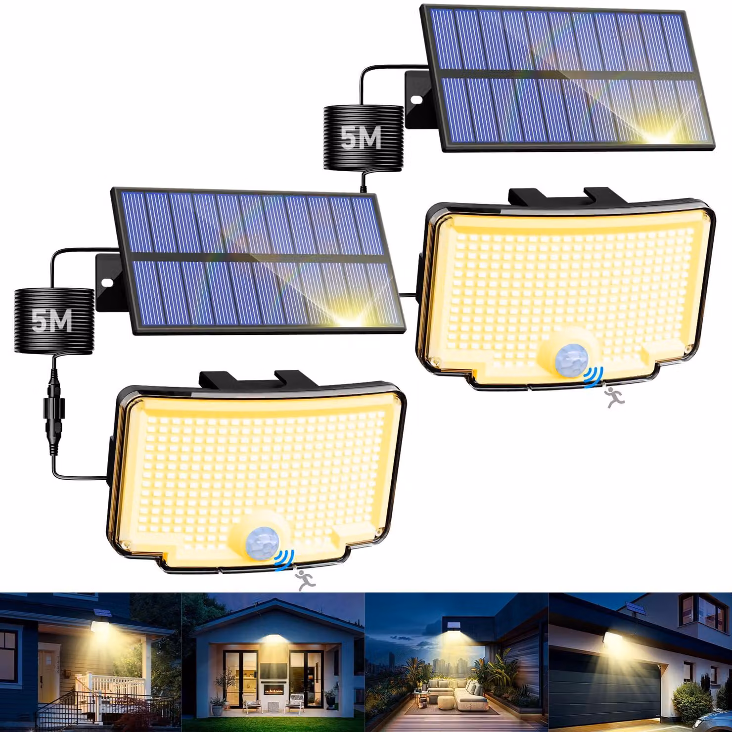 Lampada solare da esterno con sensore di movimento, 318 LED, confezione da 2, luce bianco caldo