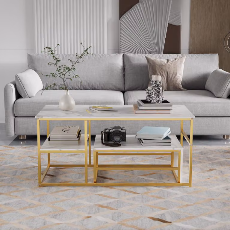 Tavolino quadrato in marmo bianco con cornice dorata - Set moderno di 2 pezzi