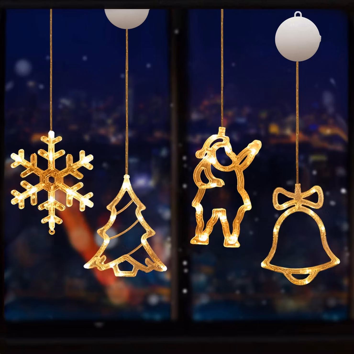 Set di 4 luci a LED per finestre, con motivi natalizi, alimentate a batteria, colore bianco