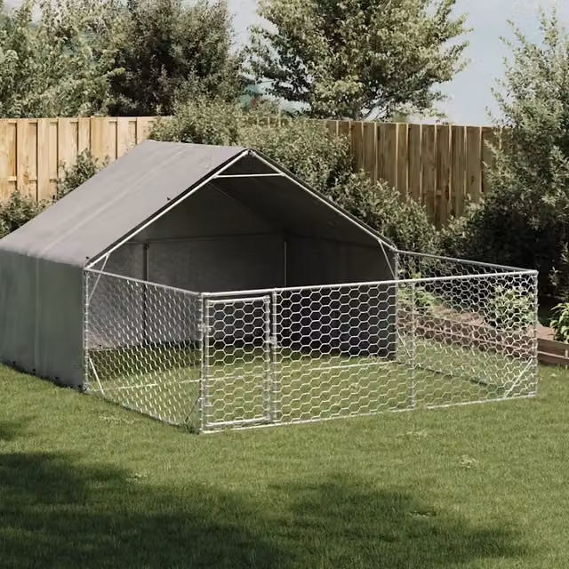 Cuccia per cani da esterno con recinto vidaXL in metallo resistente alle intemperie, colore grigio e nero, L: 4 m, P: 3 m, H: 1,9 m – 1