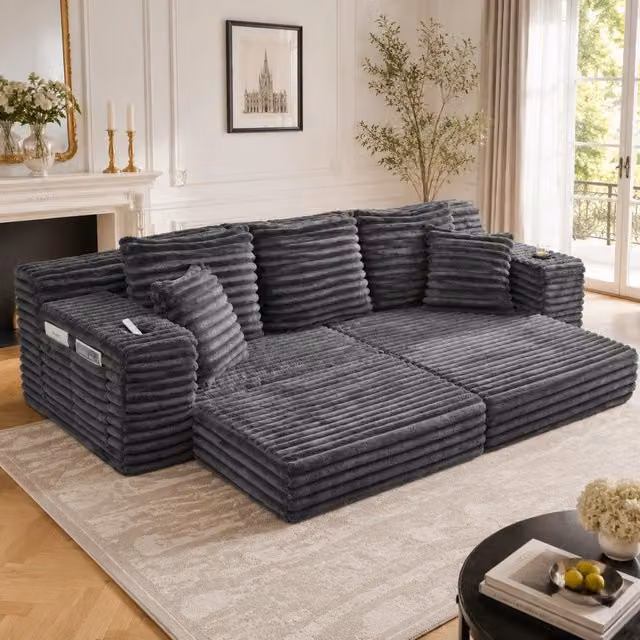 Divano letto modulare Vovees Living in velluto a coste grigio scuro, 4 posti, L: 273 cm – 1