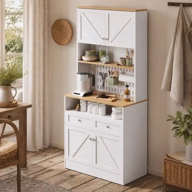 Sideboard bianco con 2 cassetti e 4 ante, design stile fienile, 80x40x175 cm