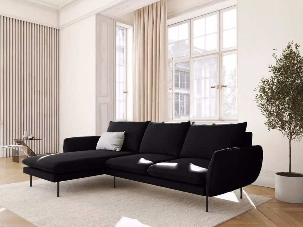 Divano angolare sinistro Vienna di Cosmopolitan Design in velluto nero a 5 posti con struttura in metallo L/P/H: 255 x 170 x 95 cm – 2