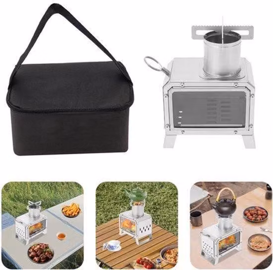Stufa da campeggio in acciaio inossidabile color grigio chiaro, compatta e portatile, ideale per l'uso all'aperto