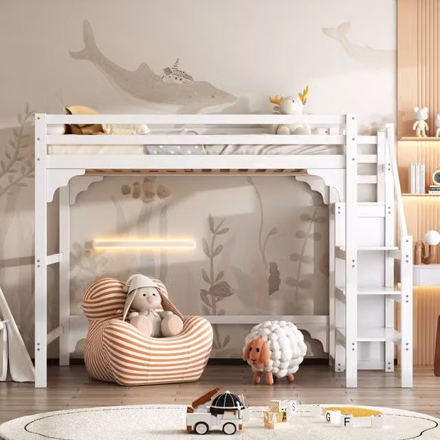 Letto a soppalco matrimoniale 140 × 200 cm con armadio, scala contenitore e vano aperto, senza materasso, pino bianco
