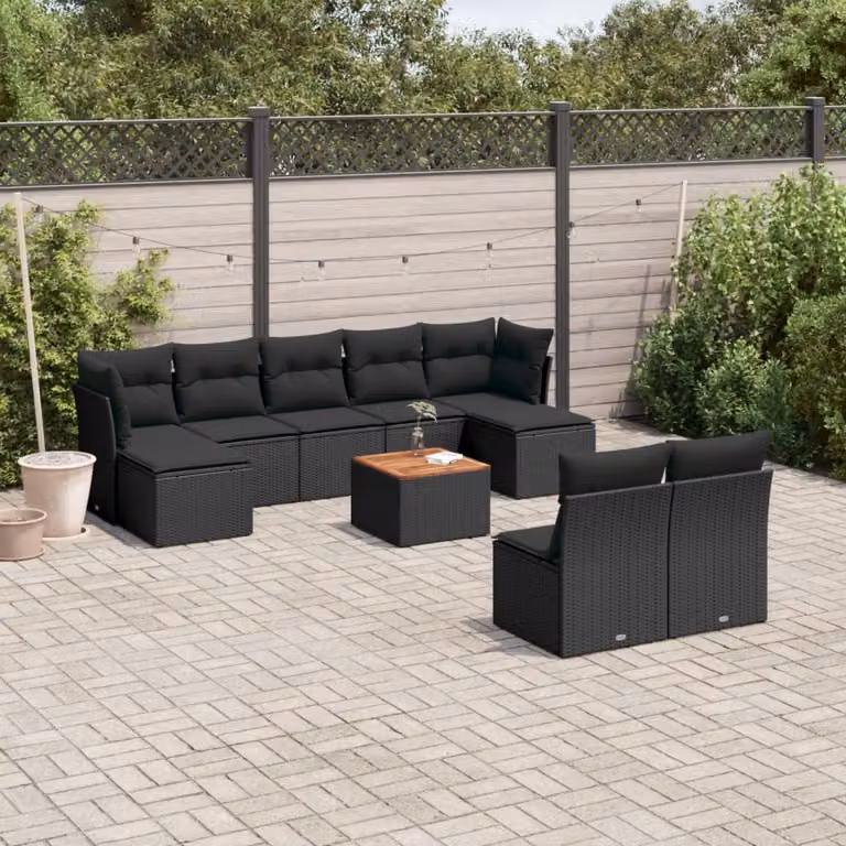 Set di divani da giardino vidaXL in polyrattan nero con cuscini e tavolino da esterno a forma di L