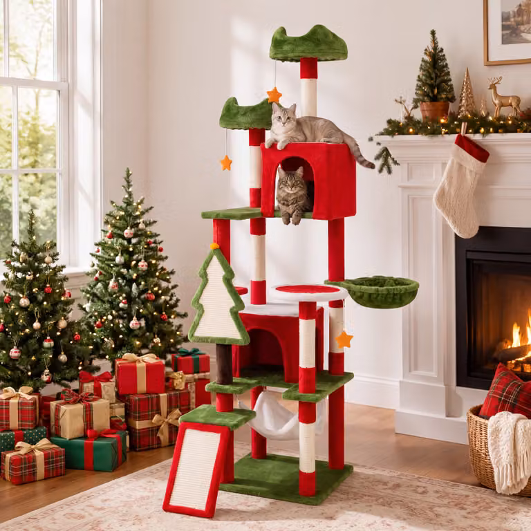 Costway Albero per gatti da interno a tema natalizio, Tiragraffi per gatti con 2 posatoi 6 piattaforme di salto 2 cucce palo avvolto in sisal e base ampia