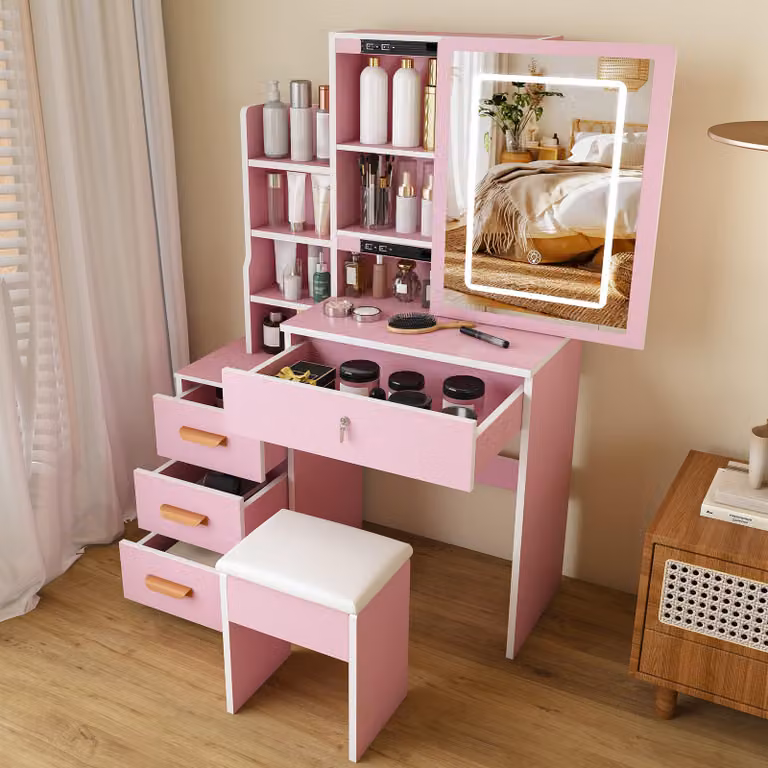 Comò da trucco rosa di okwish con poggiapiedi imbottito e cassetti, comò per il trucco con specchio e illuminazione, tavolino per cosmetici con ampio spazio di stoccaggio