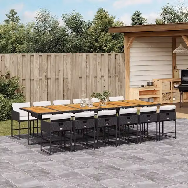 Set da pranzo da giardino moderno vidaXL in polyrattan e legno di acacia con 13 pezzi e cuscini nero – 1