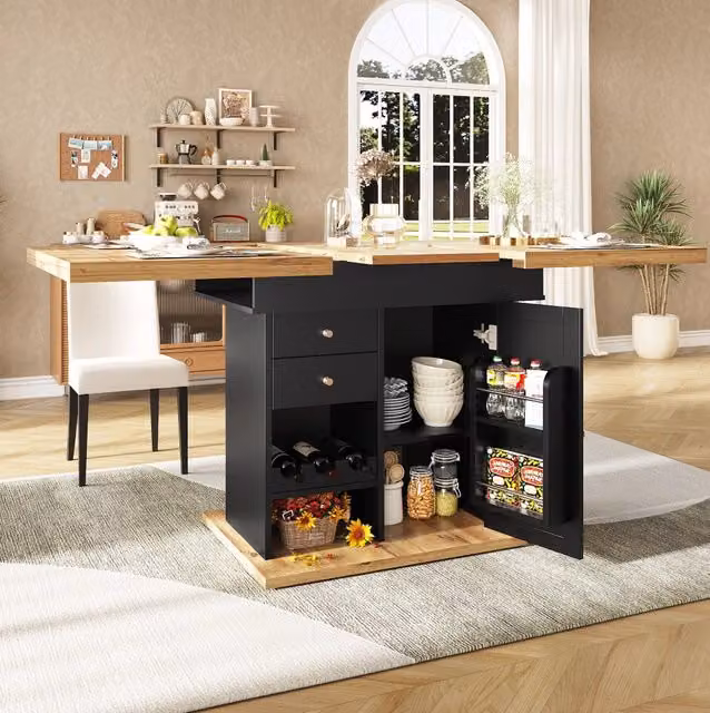 Tavolo da pranzo telescopico 110-140×80 cm, tavolo cucina pieghevole con snack e porta vino, per 4-6 persone, salvaspazio, con struttura in MDF e metallo