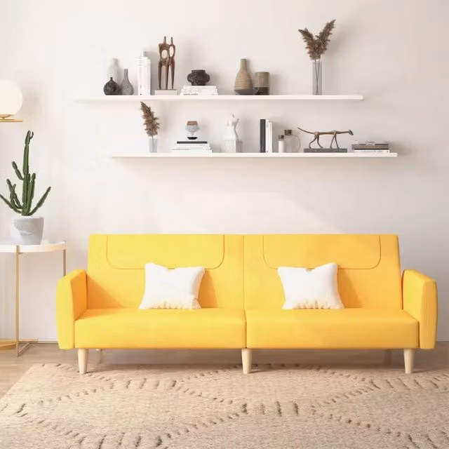 Divano Letto Click-Clack vidaXL in Tessuto Giallo con Struttura in Legno Solido e Poggiatesta Regolabile, Dimensioni Letto: 100 x 200 cm