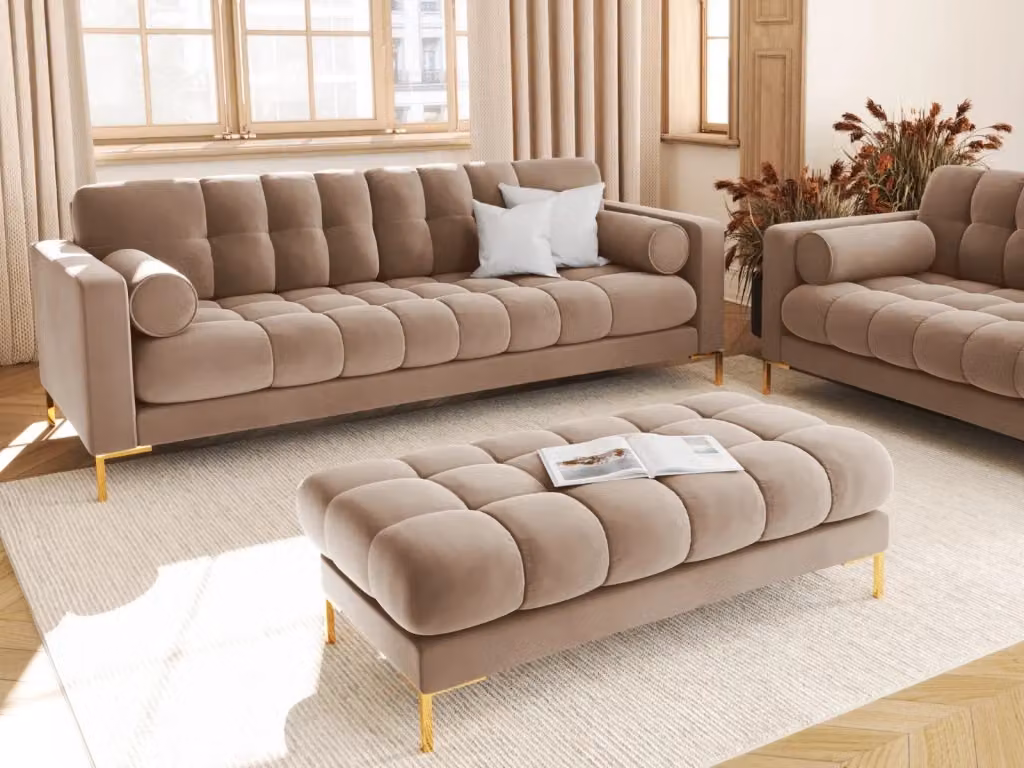 Divano 4 posti Bali di Cosmopolitan Design in velluto beige con struttura in metallo e cuscini inclusi L: 217 cm, P: 75 cm, H: 92 cm – 2
