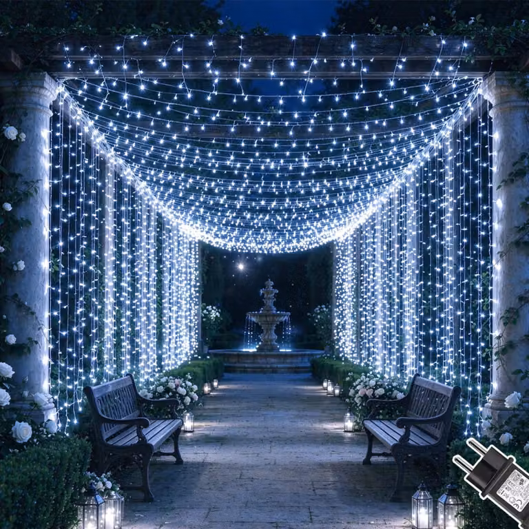 Tenda luminosa, dimensioni 6x3 metri, 600 LED, luce bianca fredda, grado di protezione IP65, 8 modalità, timer