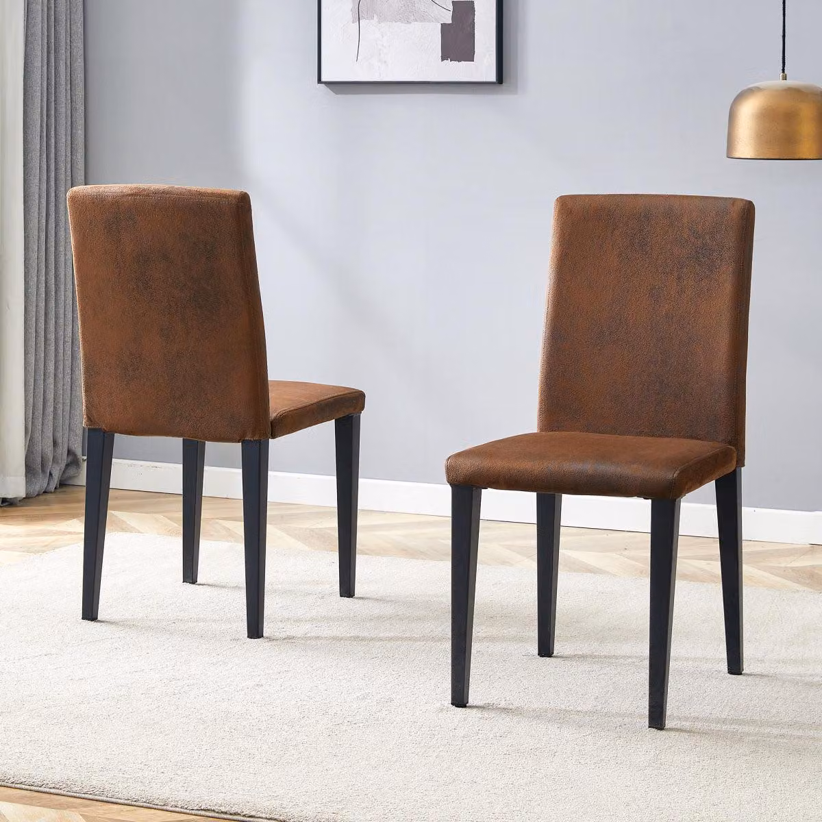 Set da 2 sedie da pranzo in stile minimalista europeo, tessuto tecnico marrone scuro, gambe in metallo nero, sedie imbottite per il soggiorno