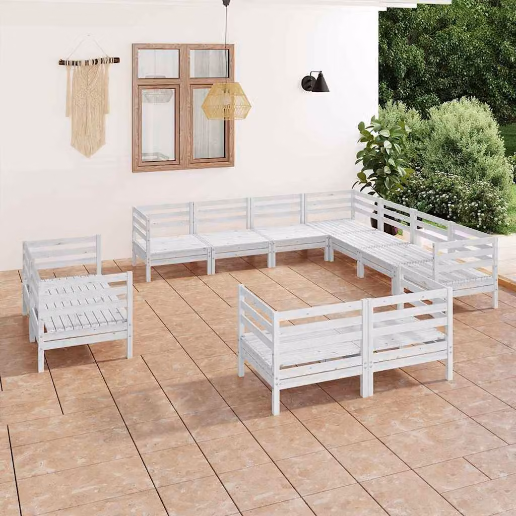 Set Salotto da Giardino vidaXL in Legno di Pino Bianco con Cuscini, 11 Pezzi, Design a L per Terrazza e Giardino