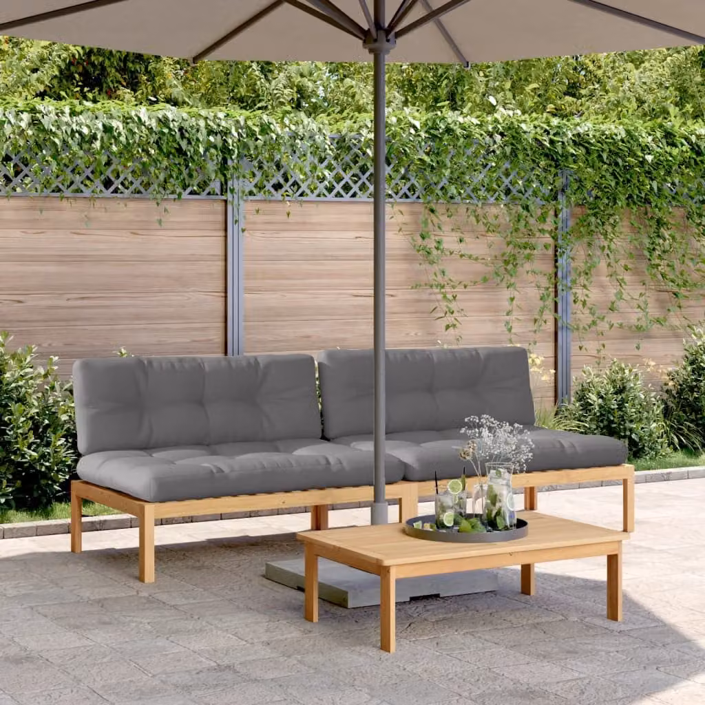 Set di 2 divani centrali da giardino vidaXL in legno massello di acacia con cuscini grigi e marroni